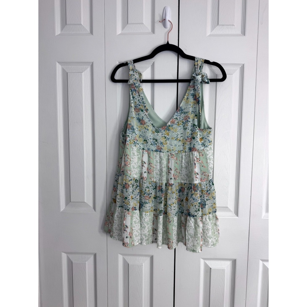 Entro V-Neck Tank Top Women M Sage Green Patchwork Floral Tie Shoulder Summer